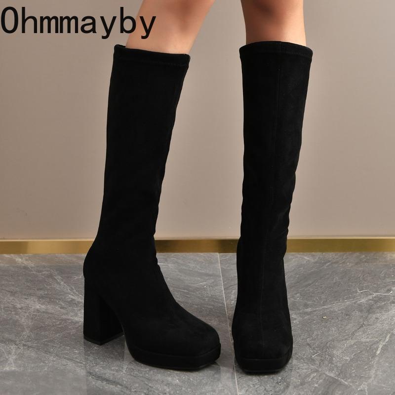 Winter Street Style Ronde Neus Knielange Dameslaarzen Dikke Hakken Schoenen Vrouwelijk Punk Vintage Lange Laarsjes De Muje