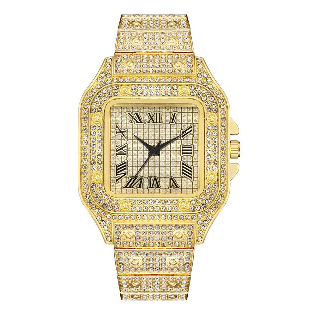 Gold Luxury Watch for Men Full Diamond Alloy Strap Square Business Quartz Wristwatch Elegant Man s Clock Watch Gift