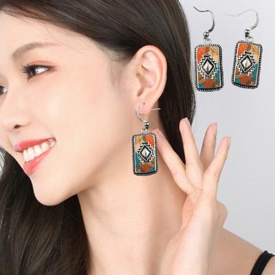 1 paire de boucles d'oreilles bohèmes pour femmes, boucles d'oreilles pendantes de style ethnique vintage, fausses boucles d'oreilles à crochet de forme oblongue en turquoise, bijoux d'oreilles de voyage quotidiens pour bal de promo