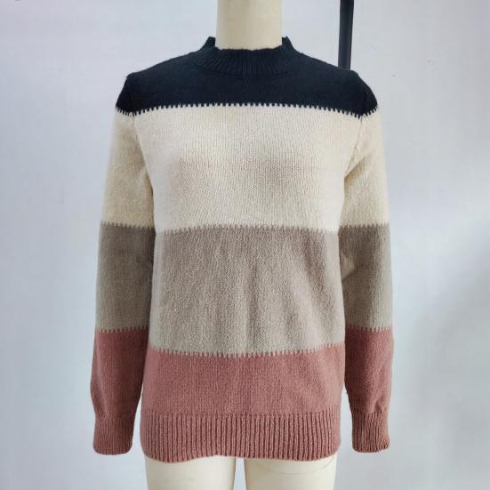 Women Knitting Tops Round Neck Knitted Pullover Tops Long Sleeve Color Blocked Loose Hem H-Shaped Warm