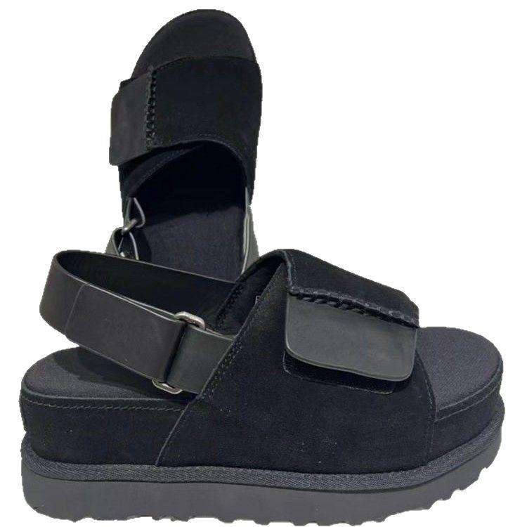 2025 summer new Velcro platform sandals buckle anti-leather outer wear heightening open-toed muffin leather slippers