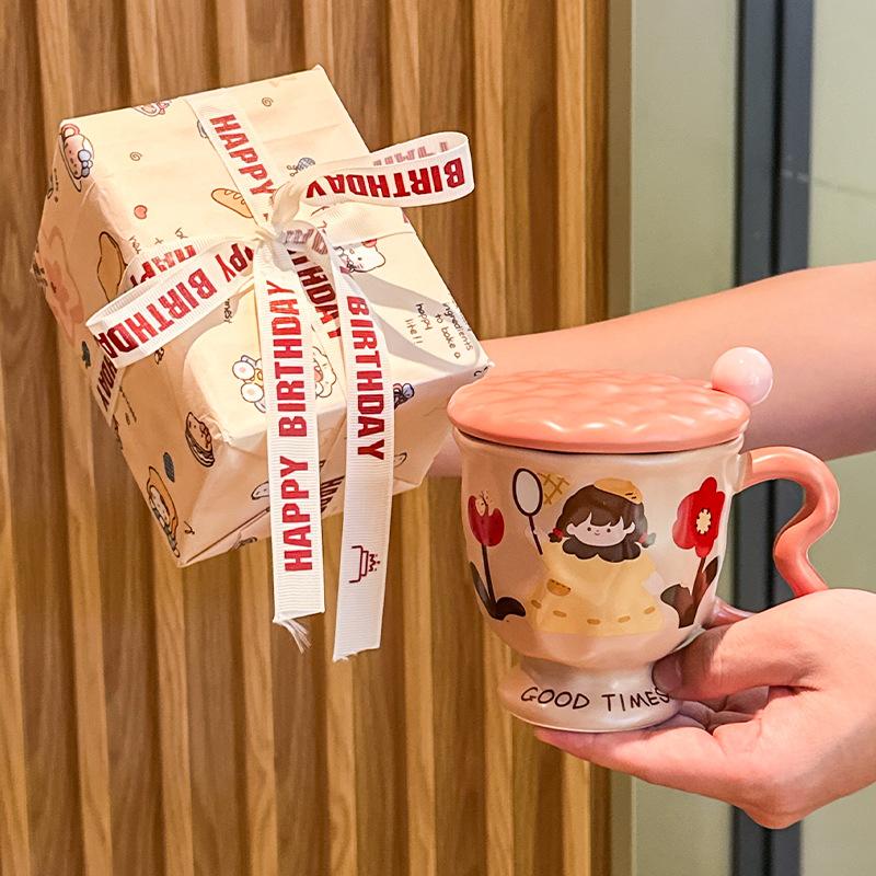 High-value birthday gift, cute girl ceramic mug design sense, companion gift, girlfriend practical gift box