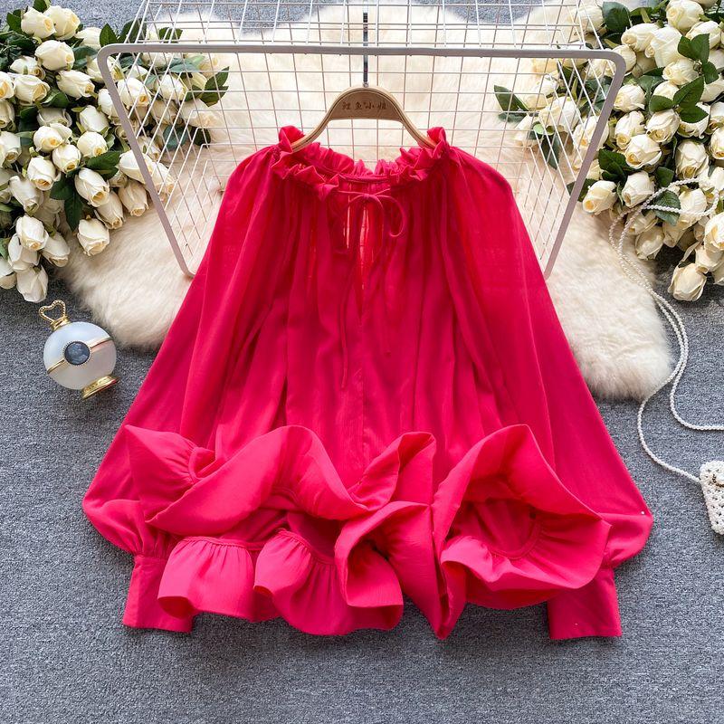 

Lantern Long Sleeve Shoelace Loose Lotus Leaf Hem Shirt Rose Red One size