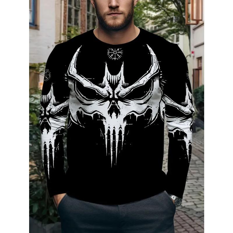 Autumn Men's 3D Skull Print Crew Neck Long Sleeve T-Shirt