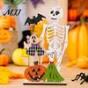 Halloween Spring Bat Sign Wooden Table Sign, Spooky Skeleton Pumpkin Ghost Centerpiece Solid Wood Ornament for Home, Shelf, Desk, Mantel, Tabletop,