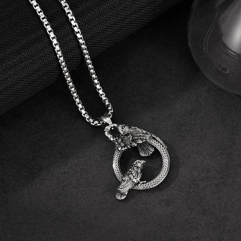 Vintage Necklace Men's Stainless Steel Hollow Ring Double Crow Hip-hop Punk Style Titanium
