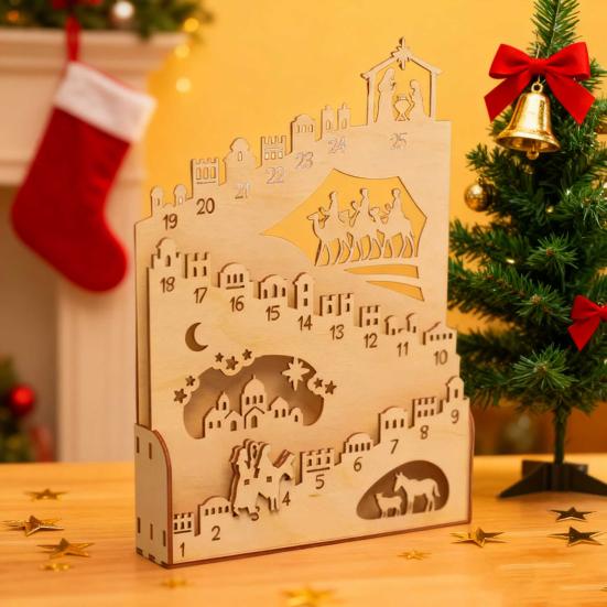 Nativity Advent Calendar Rustic Wooden Christmas Countdown Calendar Light-Up Tabletop Xmas Centerpiece for Cabinet Desk Shelf Mantel Decoration