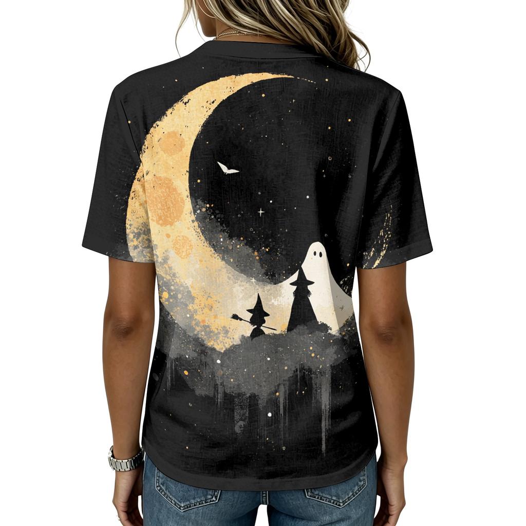 Women's Short Sleeve Button Down Shirt, Halloween Print, Cotton Linen , Casual Summer Top