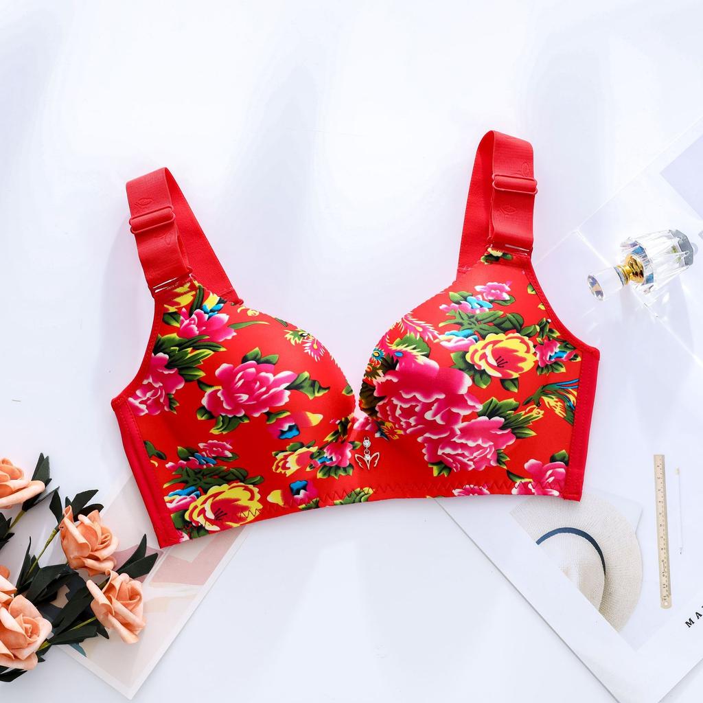 E-Cup Plus-Size-BH, dünn, sexy Blumenmuster, kein Stahlring, rot, gerafftes Bralette, unsichtbarer Push-Up-BH, ausgefallene Unterwäsche, sinnliche Dessous