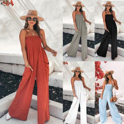 Summer Holiday Casual Jumpsuit Women Wide Leg Loose Sleeveless Pocket Backless Siamese Trousers
