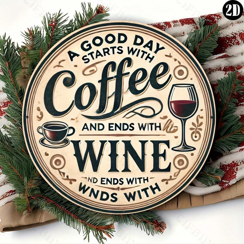 Vintage Coffee Wine Metal Wall Art Round Home Bar Decor Gift