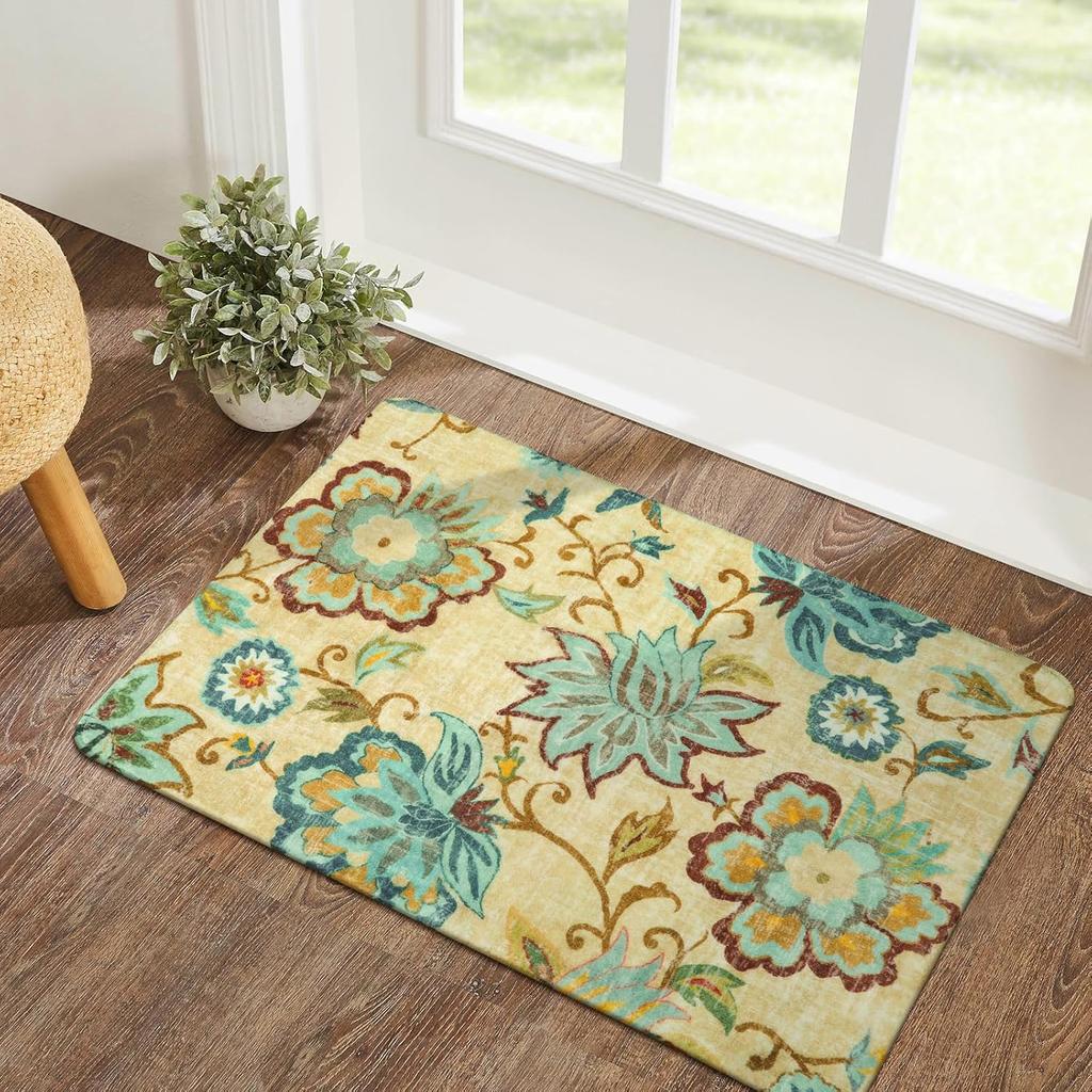 Lahome Floral Washable Living Room Area Rug - 3x5 Non-Slip Low-Pile Rugs for Entryway, Throw Small Stain Resistant Kitchen Rugs