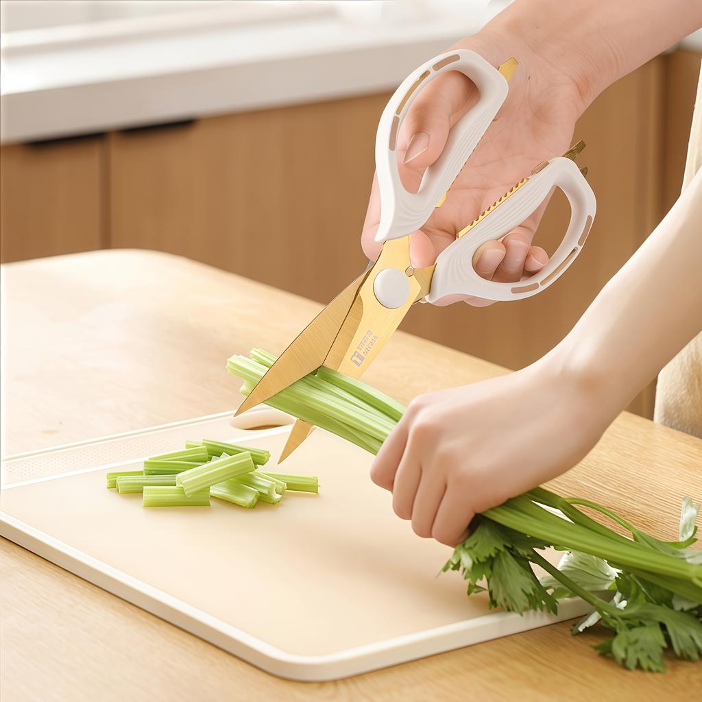 [Golden, Multi-Purpose Scissors] Golden European-Style Heavy-Duty Multi-Purpose Scissors-Rubber Elastic Handle for Easy Cutting of Meat and Vegetables