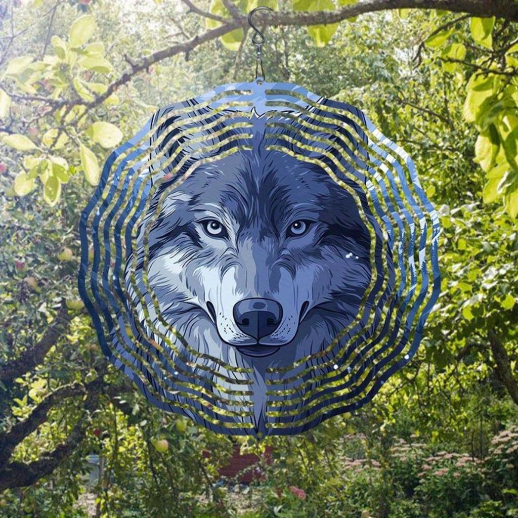 Bergwolf 2D Kinetische Windspiel - Metall-Wandkunst für den Außenbereich mit 360° drehbarem Haken, Bunte reflektierende Dekoration für die Terrasse