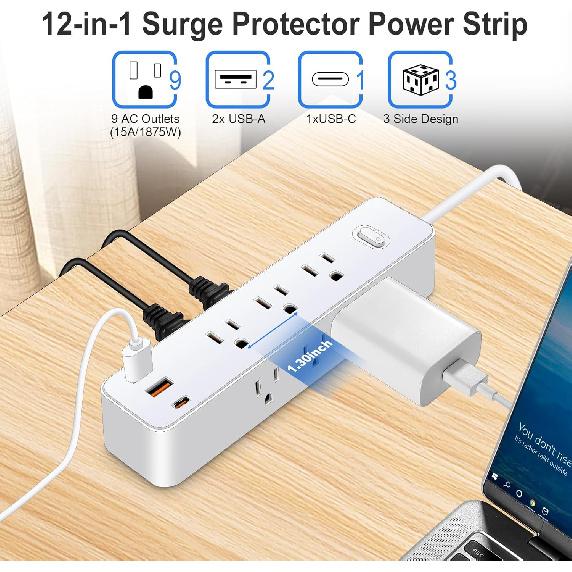 10FT Power Strip Surge Protector, 12-in-1 Power Bar with Multiple Outlets, 9 Outlet 3 USB Ports, Flat Plug Power Strip Surge Protector, Multi Outlet
