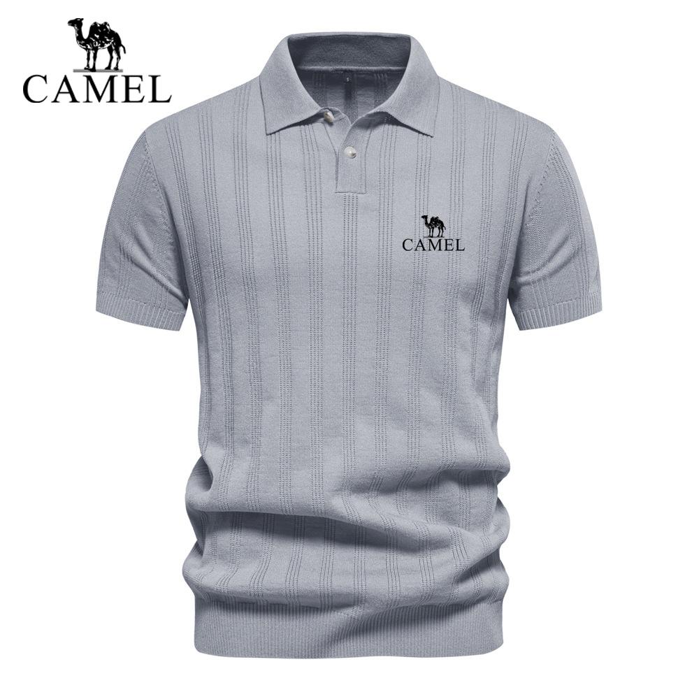 Camel Primavera/Estate 2026 Ricamo Nuovo Polo da Uomo in Lana Maglione a Maglia Manica Corta Collo T-shirt da Uomo Top