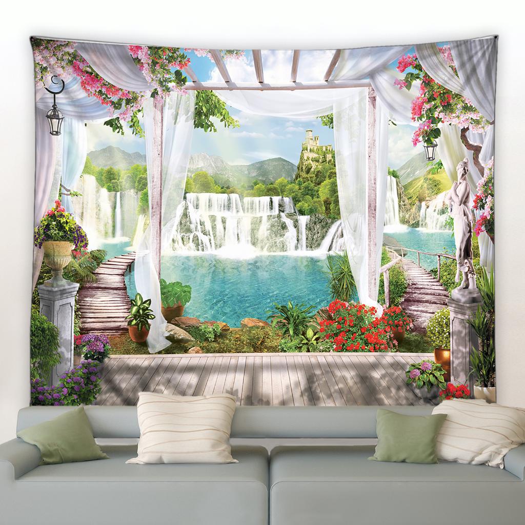 Schloss Boho Druck Schlafzimmer Raumdekoration Decke Bogenförmiges Steintor Turm Großer Wandteppich Wandbehang