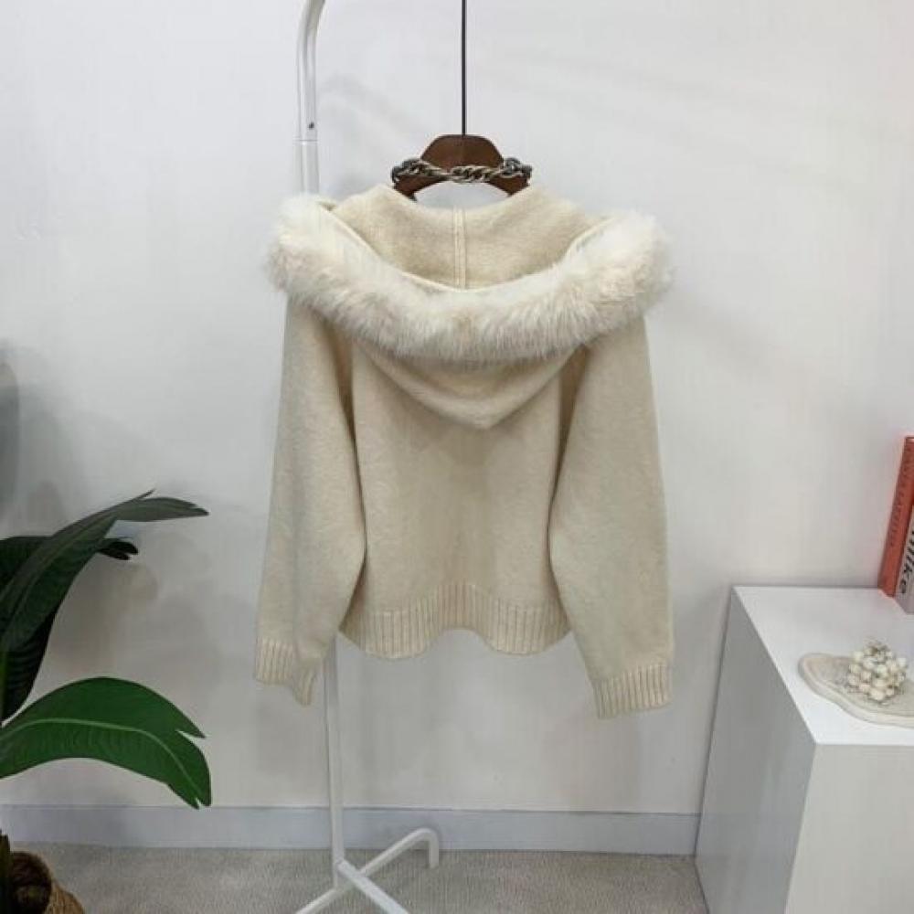 C S In The Room Fur Collar Knitted Zip Up Hoodie 3 ColorS