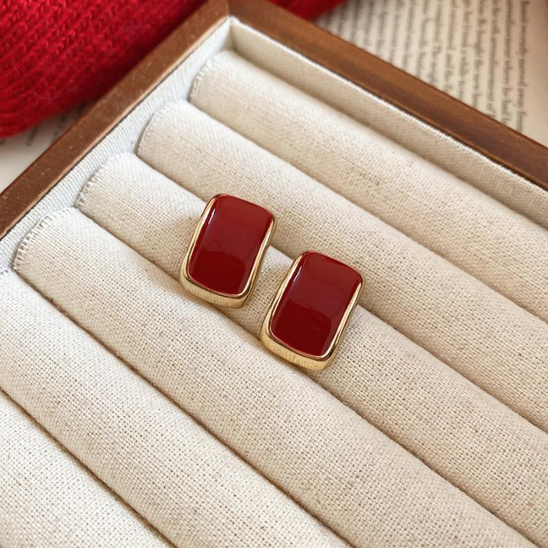 Silver Needle New Year's Red Zircon Geometric Earrings Retro Fashion Temperament Versatile Earrings Light Luxury Premium Earrings Women
