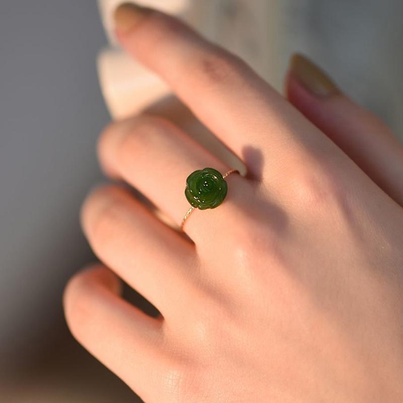 Exquisite Girls Style Ring  Camellia Rose Flower Green Finger Rings For Women Girls Wedding Jewelry Gifts