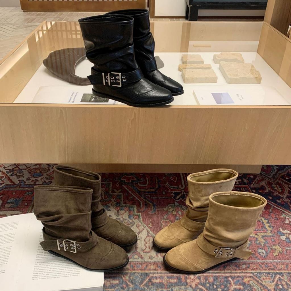 Retro style belt buckle stacking boots women's pleated knight boots locomotive boots temperament inner height increase short boots
