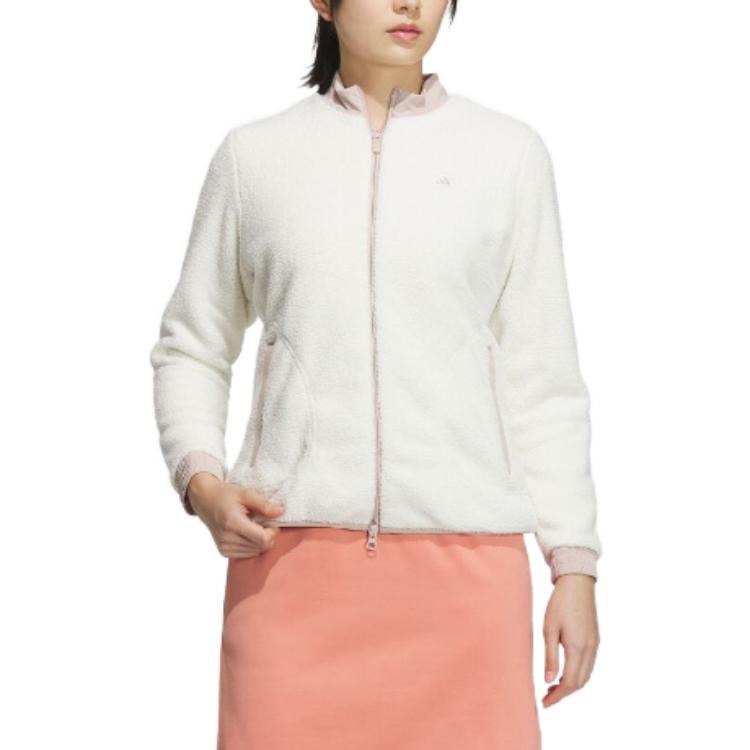 Adidas Color Block Letter Print Zipper Round Neck Long Sleeve Fleece Jacket Women Jackets White IA2784
