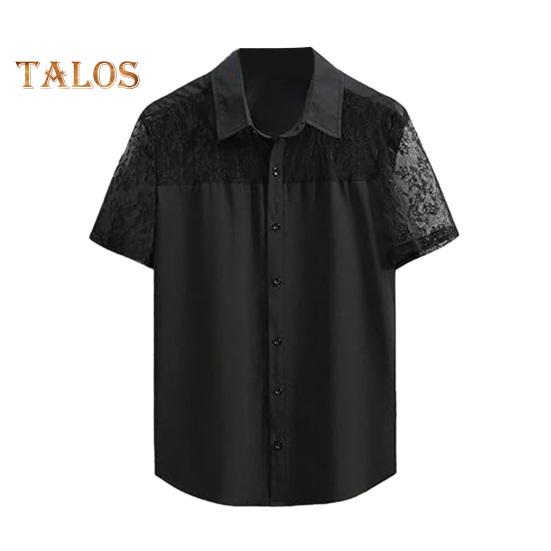 

Мужская рубашка с лацканами, коротким рукавом, ажурным кружевом, сшиванием, топами, пуговицами, планкой, однотонная, облегающая, повседневная рубашка S чёрный