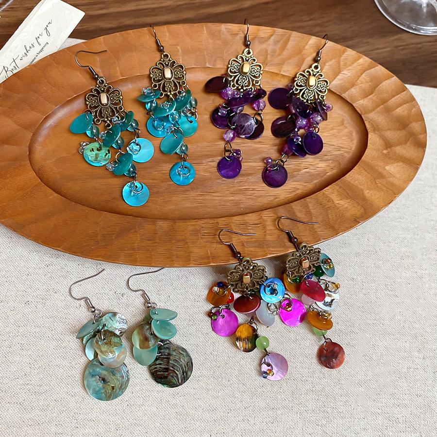 Cercei cu ciucuri în formă de scoică rotundă pentru femei, stil etnic retro, cârlige de urechi, cercei lungi boemi, temperament, lux, designer, zircon