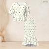 Women Plus Size Two Piece Skirt Set Round Neck Batwing Sleeve Printed Green Black Ruffle Hem Top Fishtail Skirt