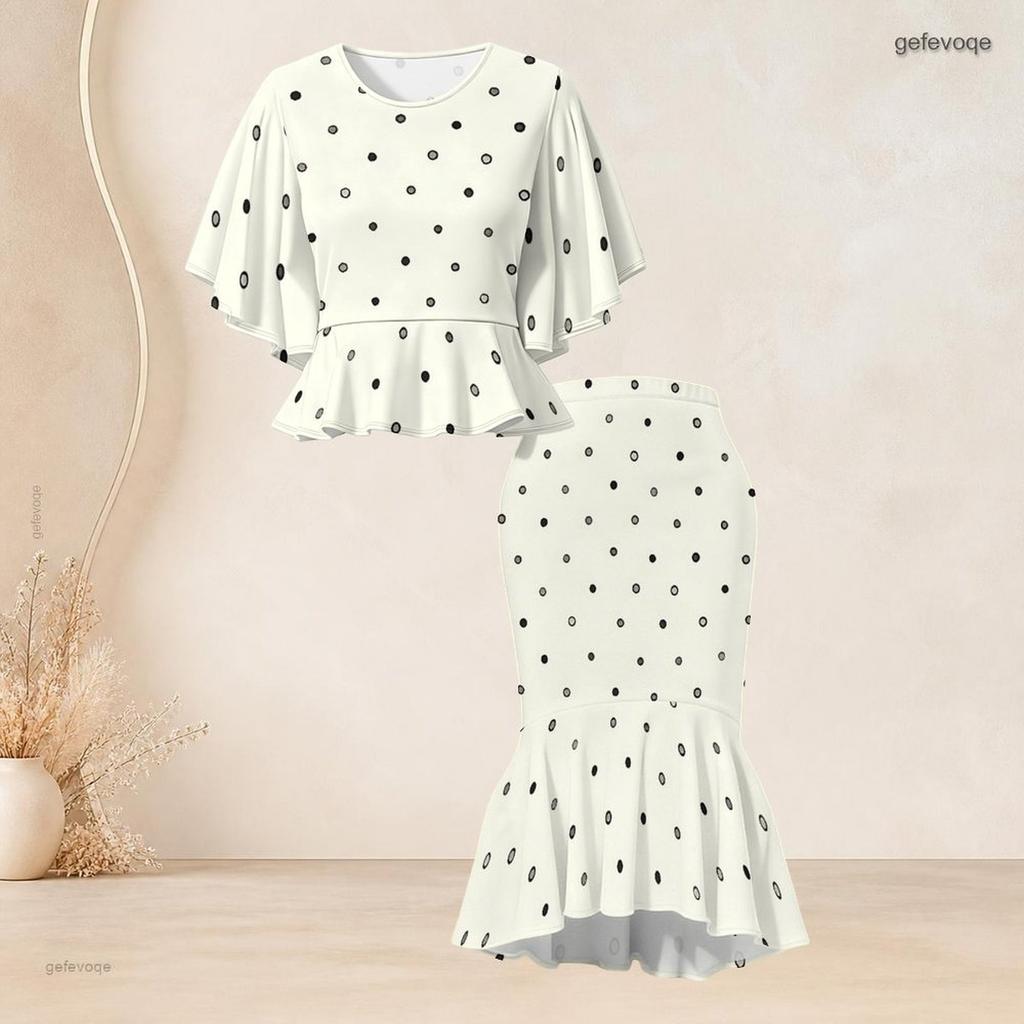 Women Plus Size Two Piece Skirt Set Round Neck Batwing Sleeve Printed Green Black Ruffle Hem Top Fishtail Skirt