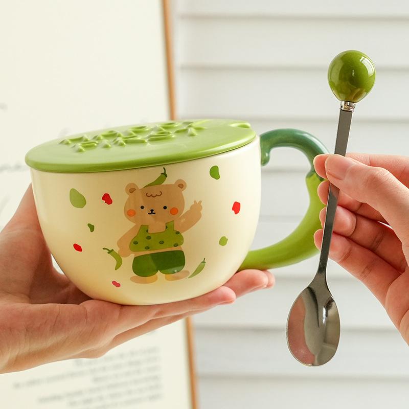 Cute And High-Value Bear Ceramic Cup With Lid And Spoon, Home Office Couple Water Cup Girl Gift