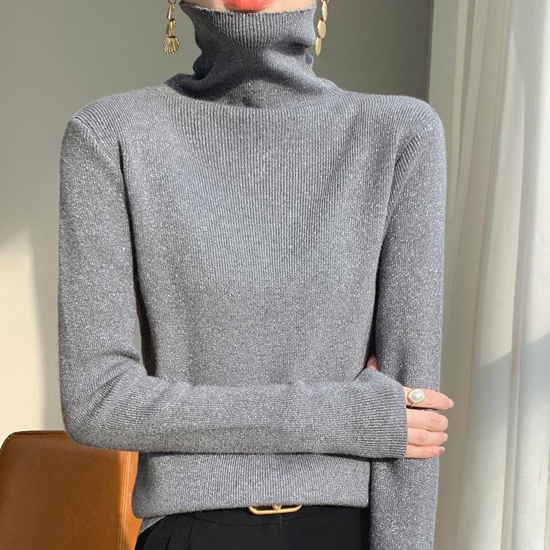 GMXIA Bright Silk Long Sleeve Knitted Bottom Shirt Women's High Neck Pullover Sweater Fashion Versatile Shorts Top Shirt
