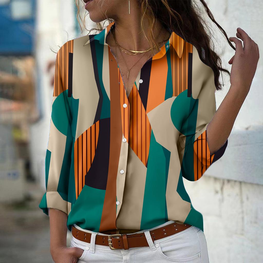 Damenbluse mit Streifenmuster Frühling Herbst Femme Büro Dame Button-Up Umlegekragen Hemden