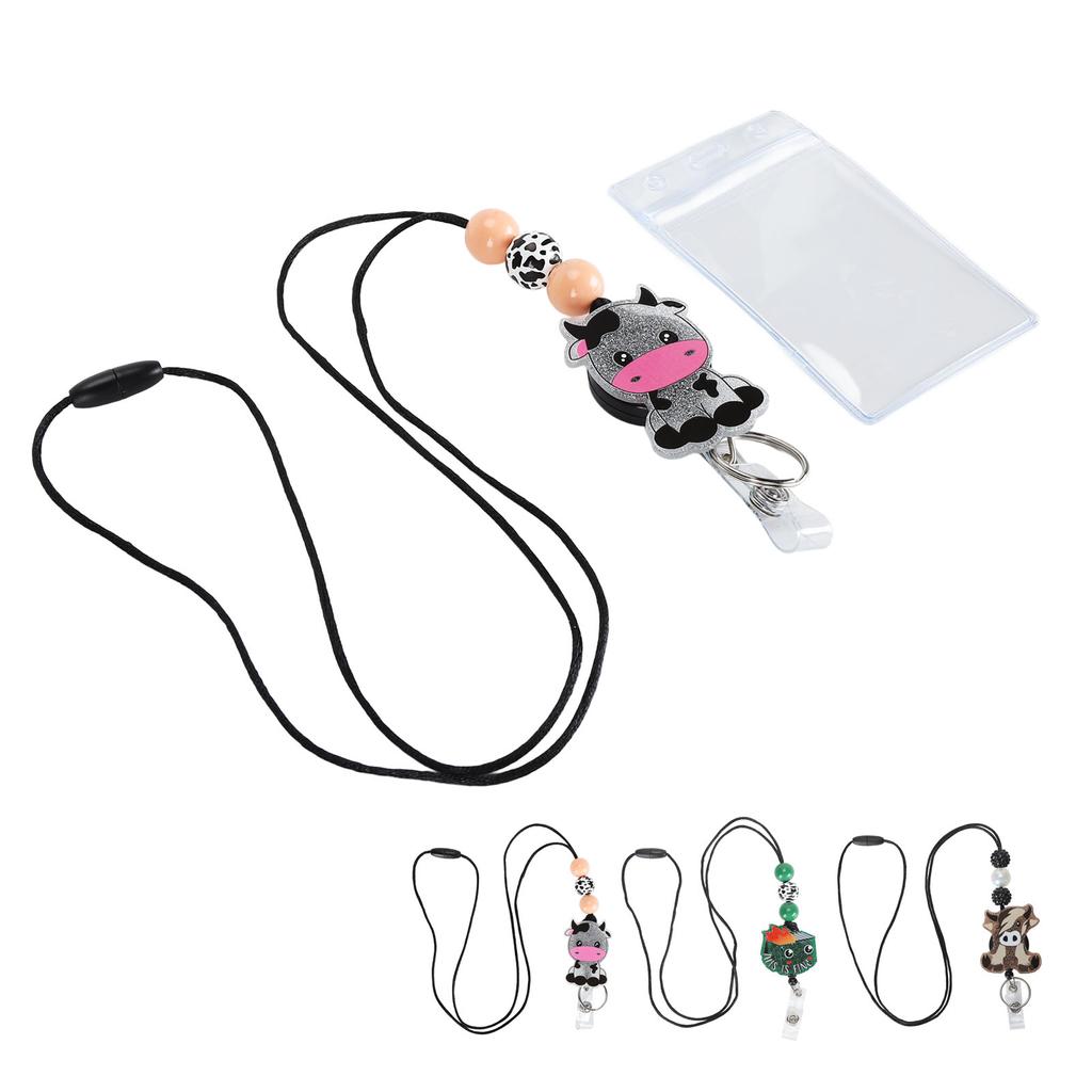 Badge Holder with Lanyard Cartoon Beaded Design Adjustable Nylon Cord Bus Card Holder for Office Sch