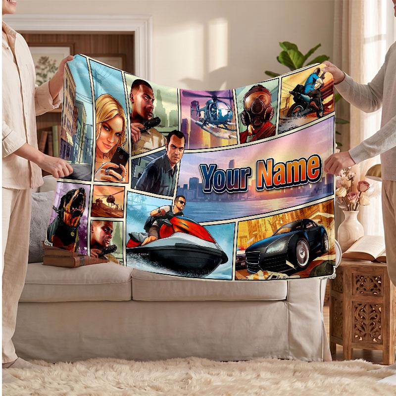 GTA Personalized Flannel Blanket, Custom Printed Text Name, Warm Soft Blanket For Couch Bed