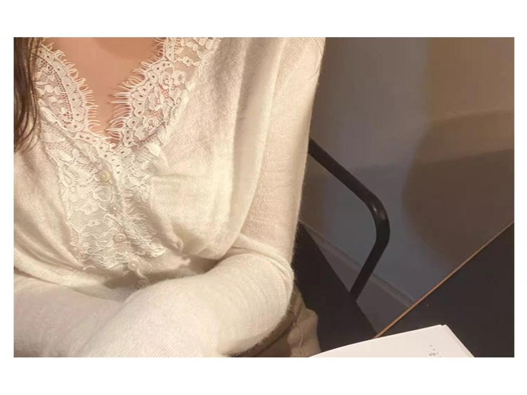 Spring 2025 Lace-Trimmed V-Neck Slim Knit Top for Women - Single-Breasted Sweater Shirt