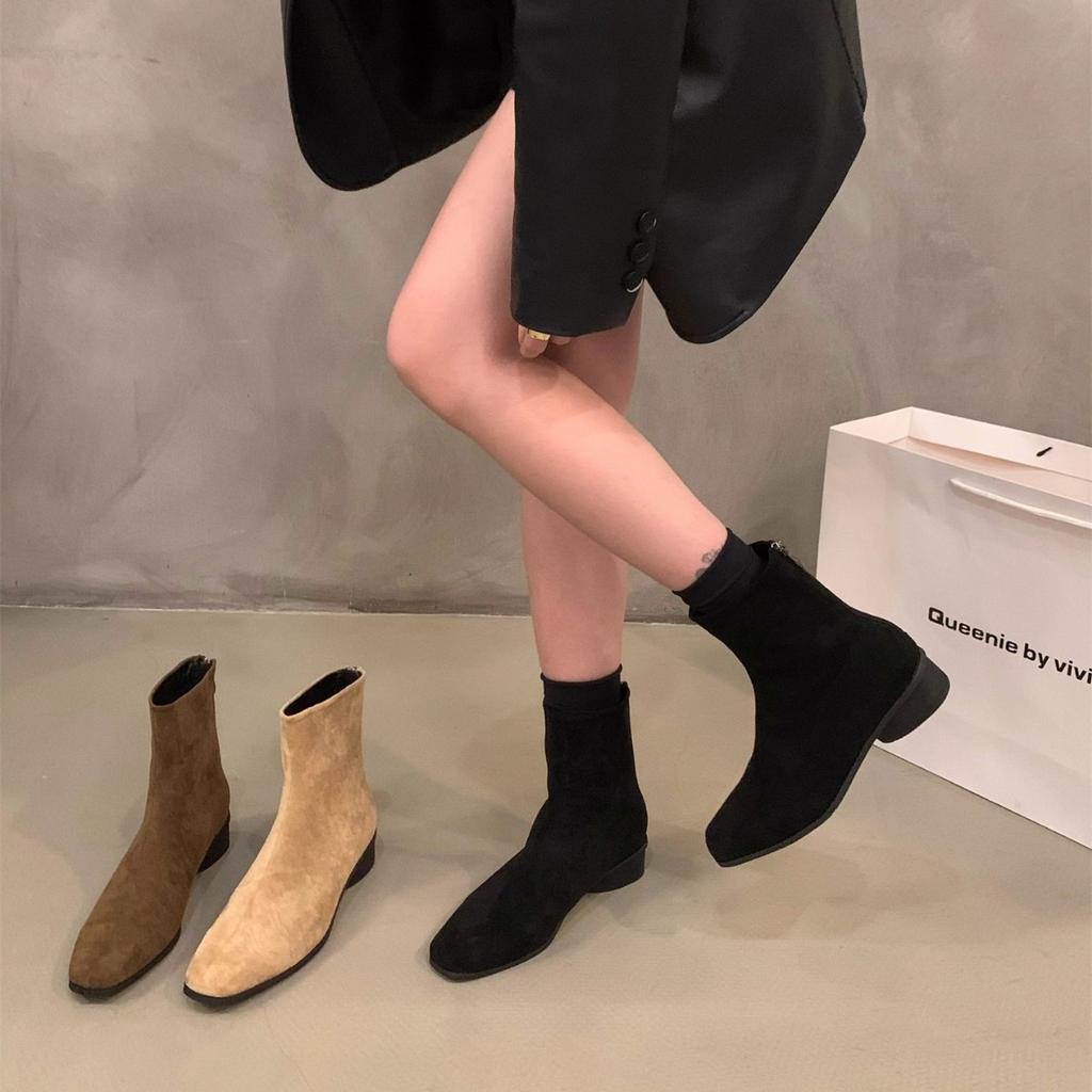 Thick Heel Square Head Korean Small Ankle Boots Women's Shoes 2025 New Spring, Autumn and Winter Velvet Thin Short Boots Martin Boots