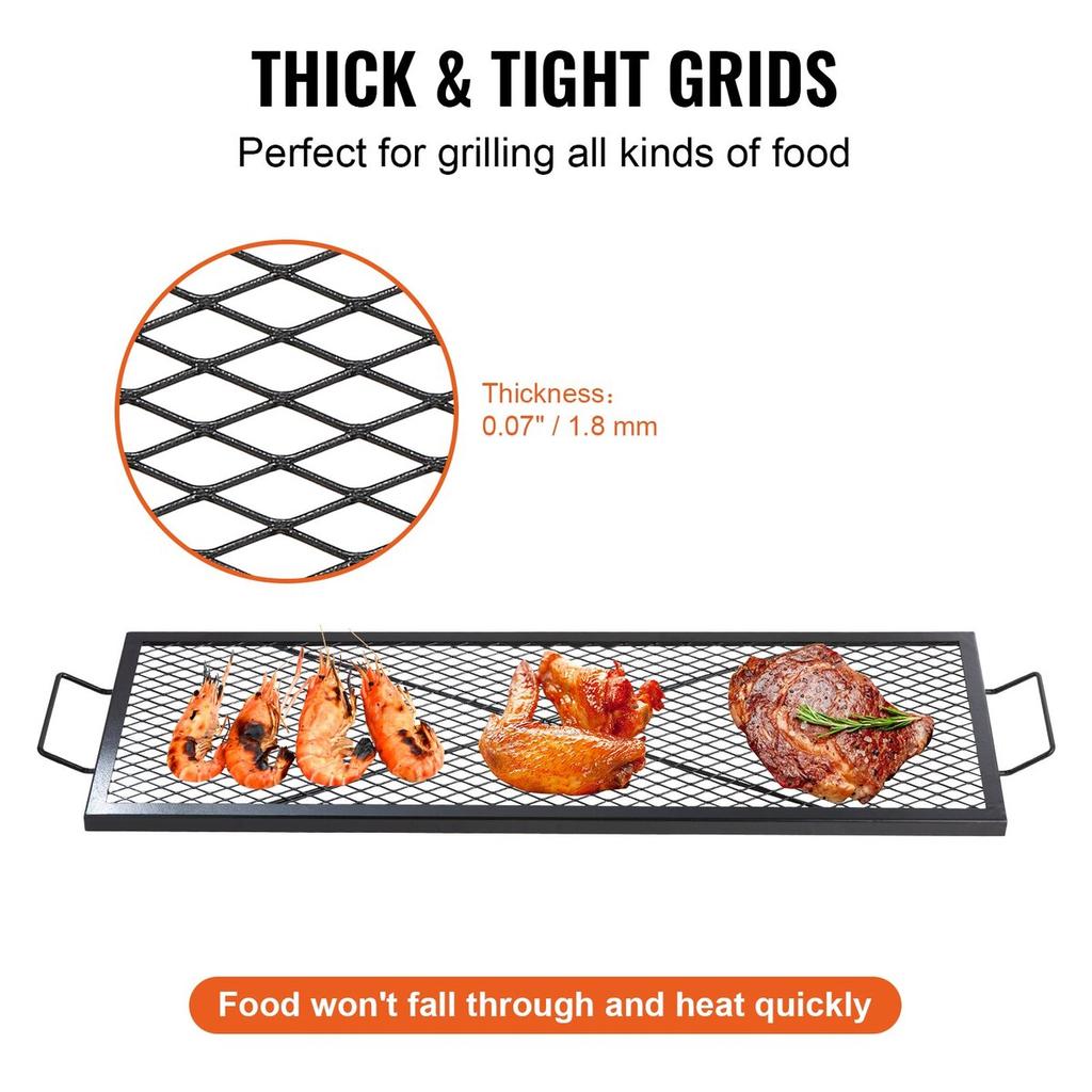 X-Marks Fire Pit Grill Grate, Rectangle Cooking Grate, Heavy Duty Steel Campfire BBQ Grill Grid with Handle & Support X Wire, Portable Camping