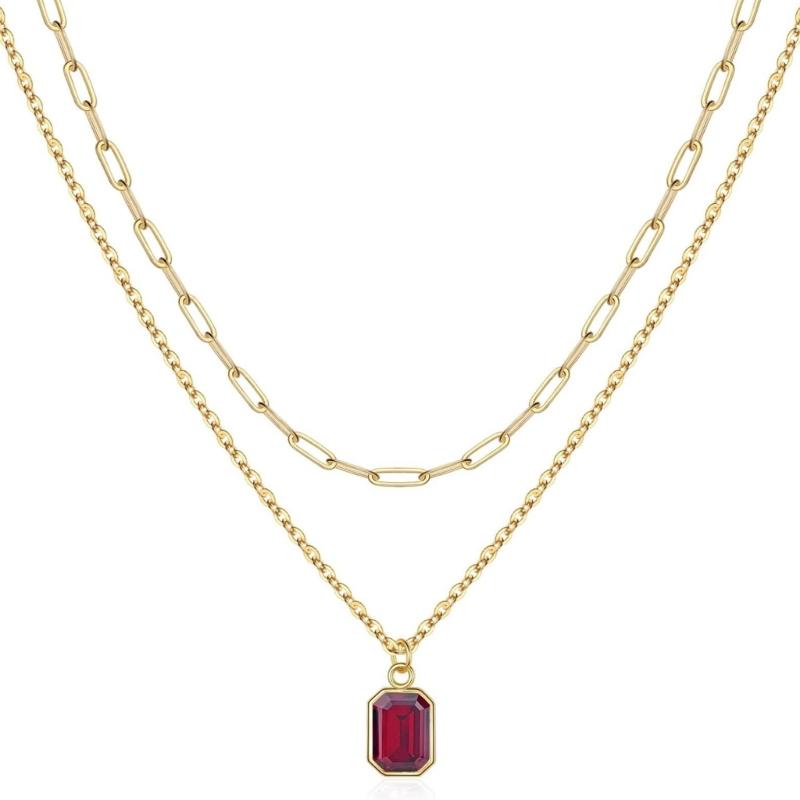 Elegant Double Layer Necklace Featuring December Birthstones And 18k Gold Plating Rectangular Design Neckchain For Women