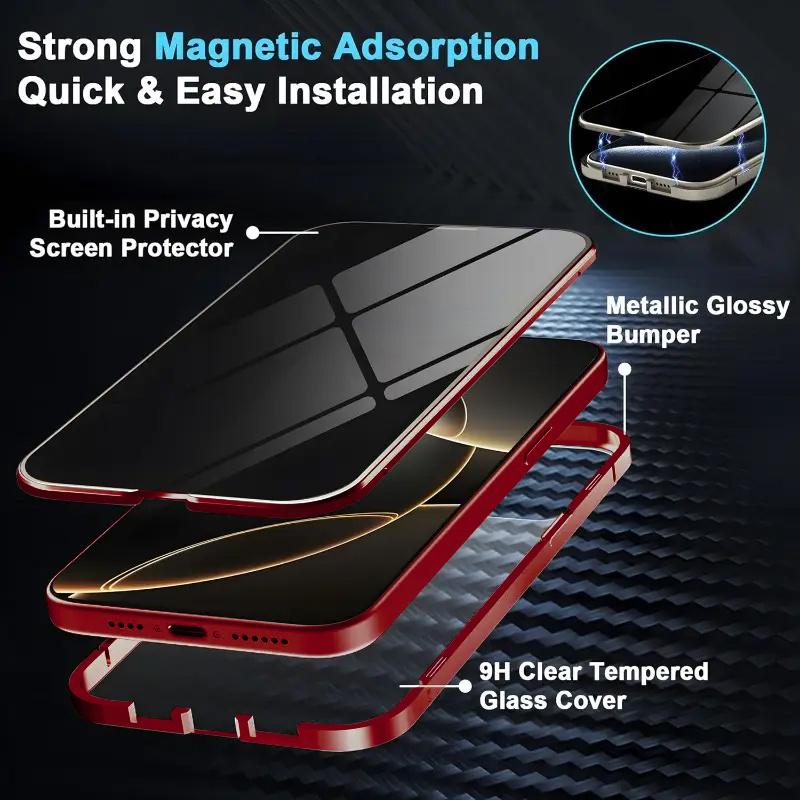 Metal Magnetic Privacy Phone Case For Iphone 17 16 15 14 13 12 11 Pro Max Plus XS 8 7 Anti-Peep Tempered Glass Lens Protection
