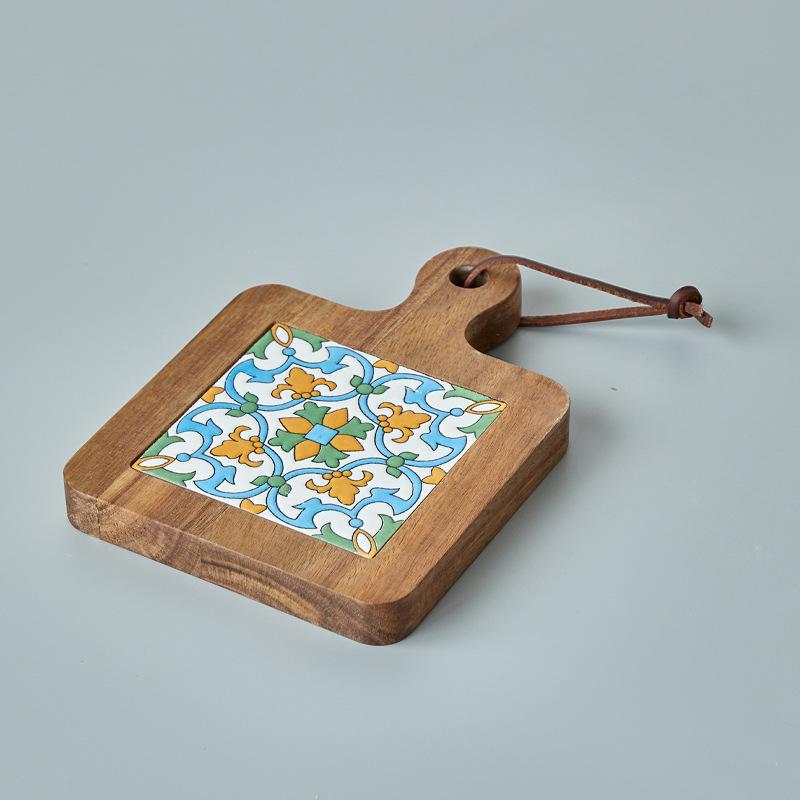 Japanese Solid Wood Floral Tile Heat-Resistant Kitchen Mat - Insulated Pot Holder, Retro Placemat, Casserole Mat, Coaster