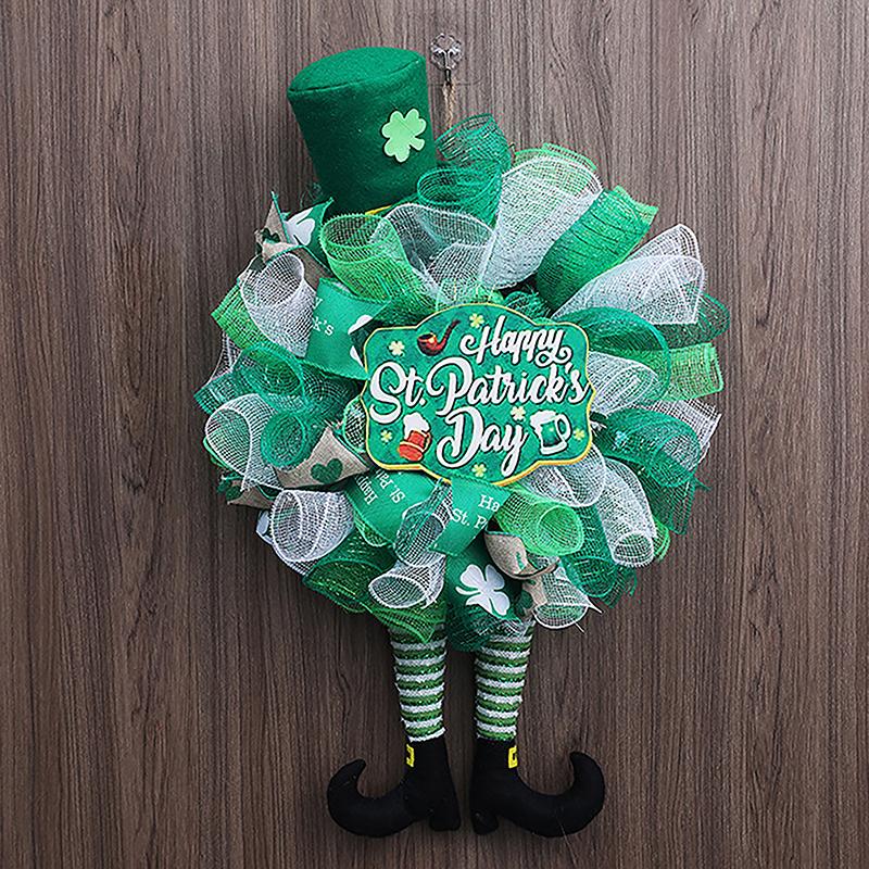 

Front Door Happy St. Patrick S Day Garland Green Leprechaun Mesh Garland With Plush Shamrock Topper And Long Foot Hanging Garlan зелёный
