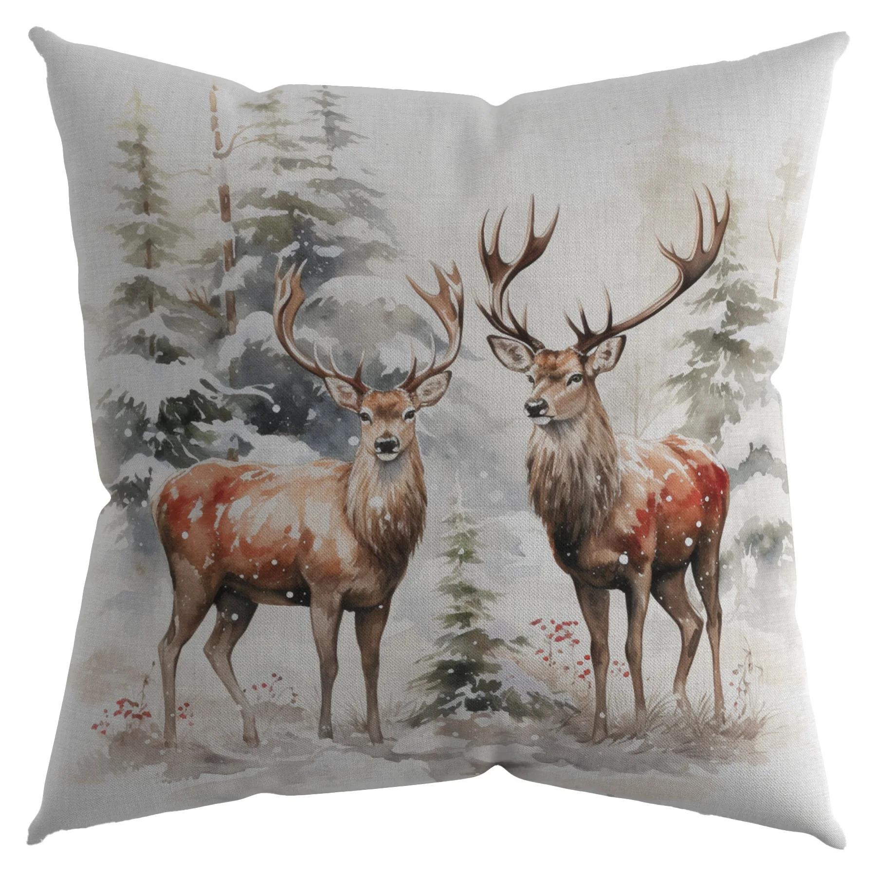 Рождественская наволочка с акварельным рисунком лося, снеговика, дерева, камина, наволочка для диванной подушки, новогодний декор для дома 40x40cm
