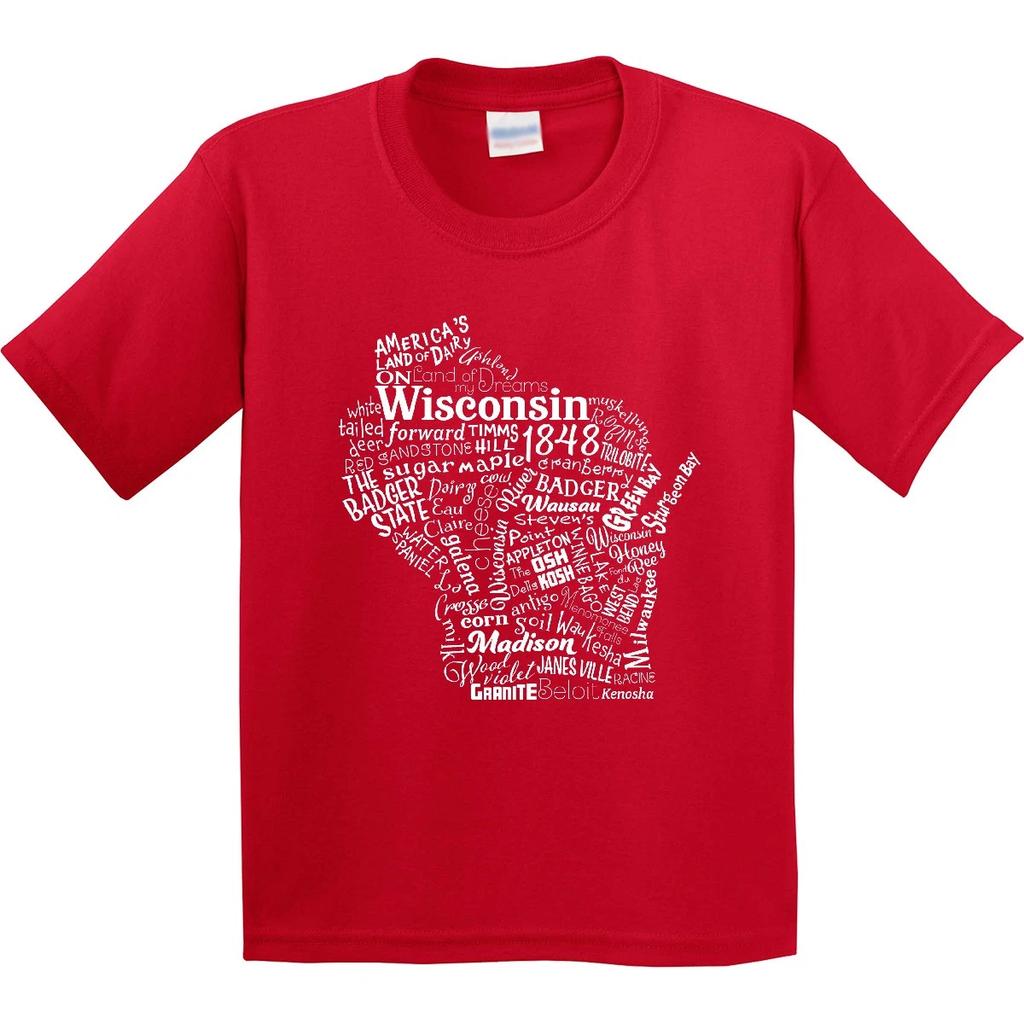 Inktastic Wisconsin State Word Salad Youth kids boys T-Shirt Home Badger Madison Milwaukee
