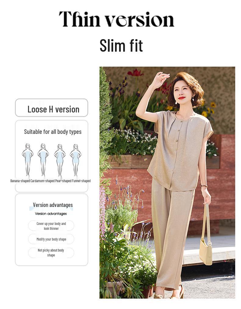 Mom’s Summer Fashion: Elegant Two-Piece Slimming Set for Middle-Aged & Elderly Women