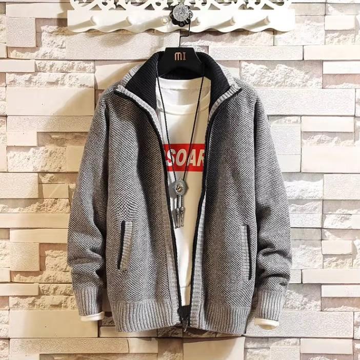 Maglione casual da uomo in pile spesso e invernale, di grandi dimensioni, con colletto alto, cardigan