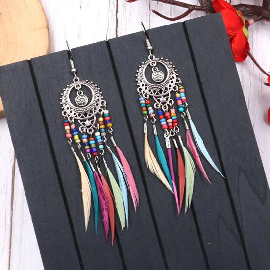 Boho Women Hollow Carved Circle Feather Tassel Dangle Hook Earrings Jewelry