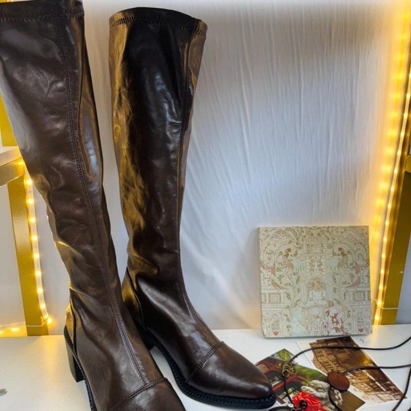 Fashion French Mid-leg Boots Women's 2025 Spring and Fall New Retro Fashion Versatile Chunky Heel High Heel Pointed Toe Skinny Boots