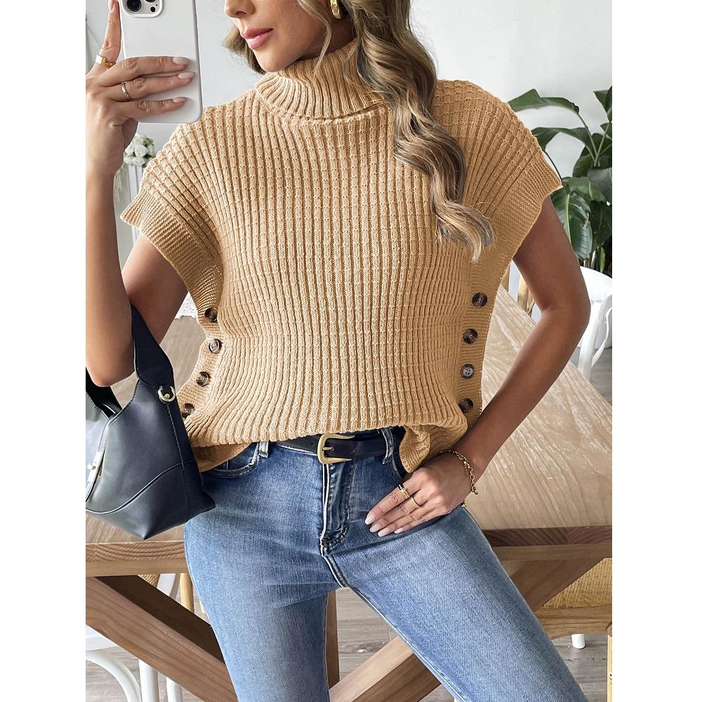 Damen Frühling Herbst Pullover und Sweater Weste Seitenknopf Dekoration Rollkragen Lässige Gestrickte Tanktops