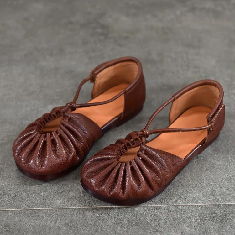 Johnature Genuine Leather Round Toe Soft Soled Flat Sandals Retro Pleated Women's Shoes
